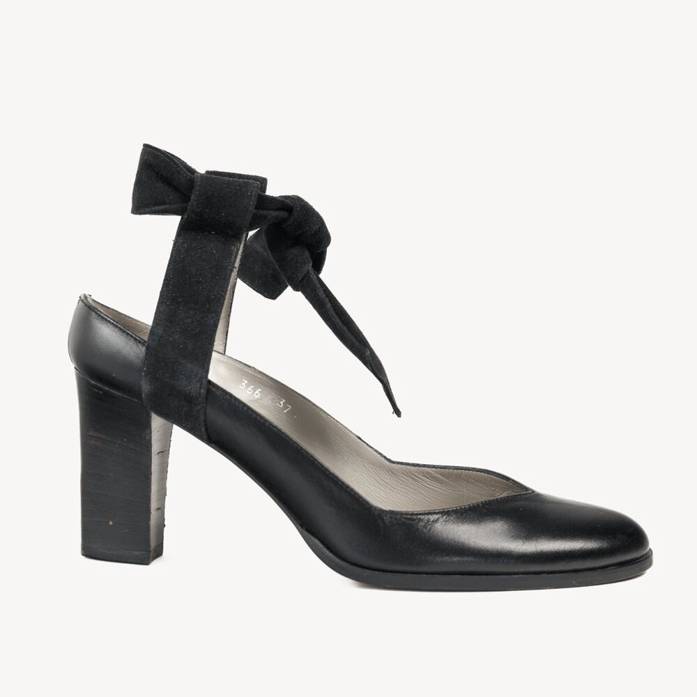 Emporio Armani 90s Ankle Wrap Black Suede Pumps